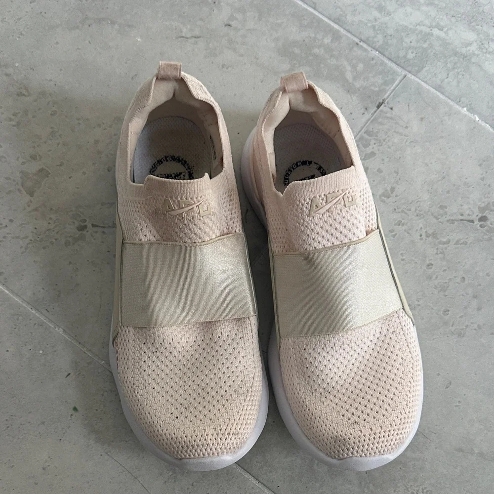 APL Women's Slip-On Knit Sneakers in Pale Pink and Champagne Strap - Picture 1 of 5